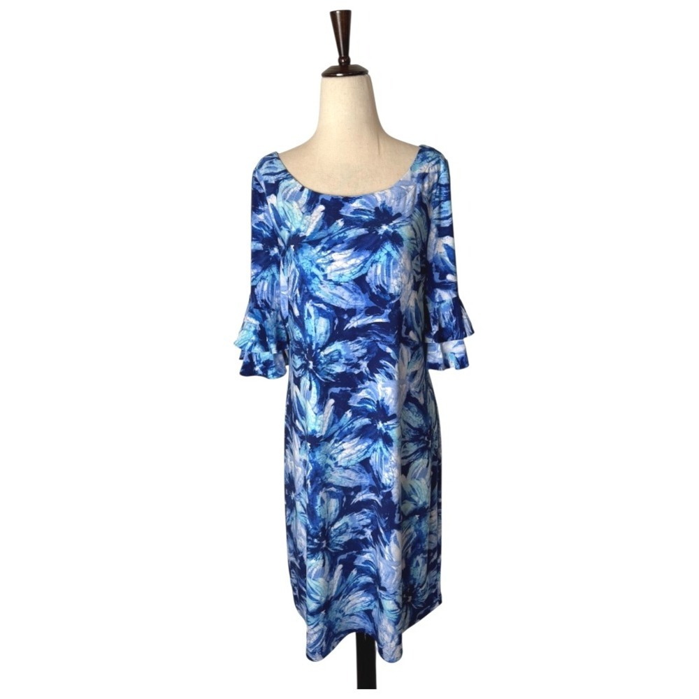 Pappagallo Dress Women Medium Blue Floral Bell Sleeve Mini Boho Flowy Beach
